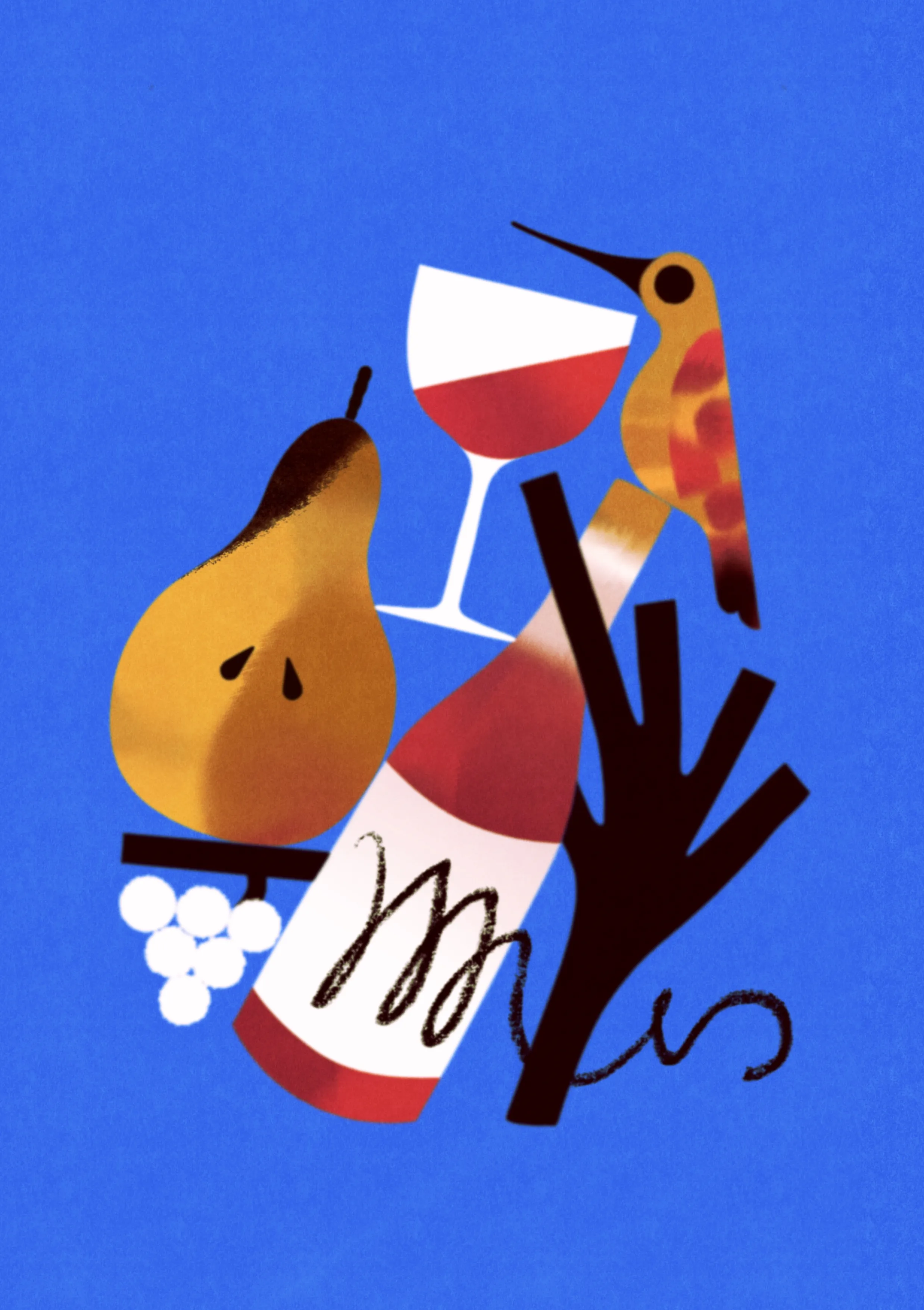 A pear, a wine bottle, a wine glass, a black branch, and a stylized bird balance each other. The colors are intense and contrasting.