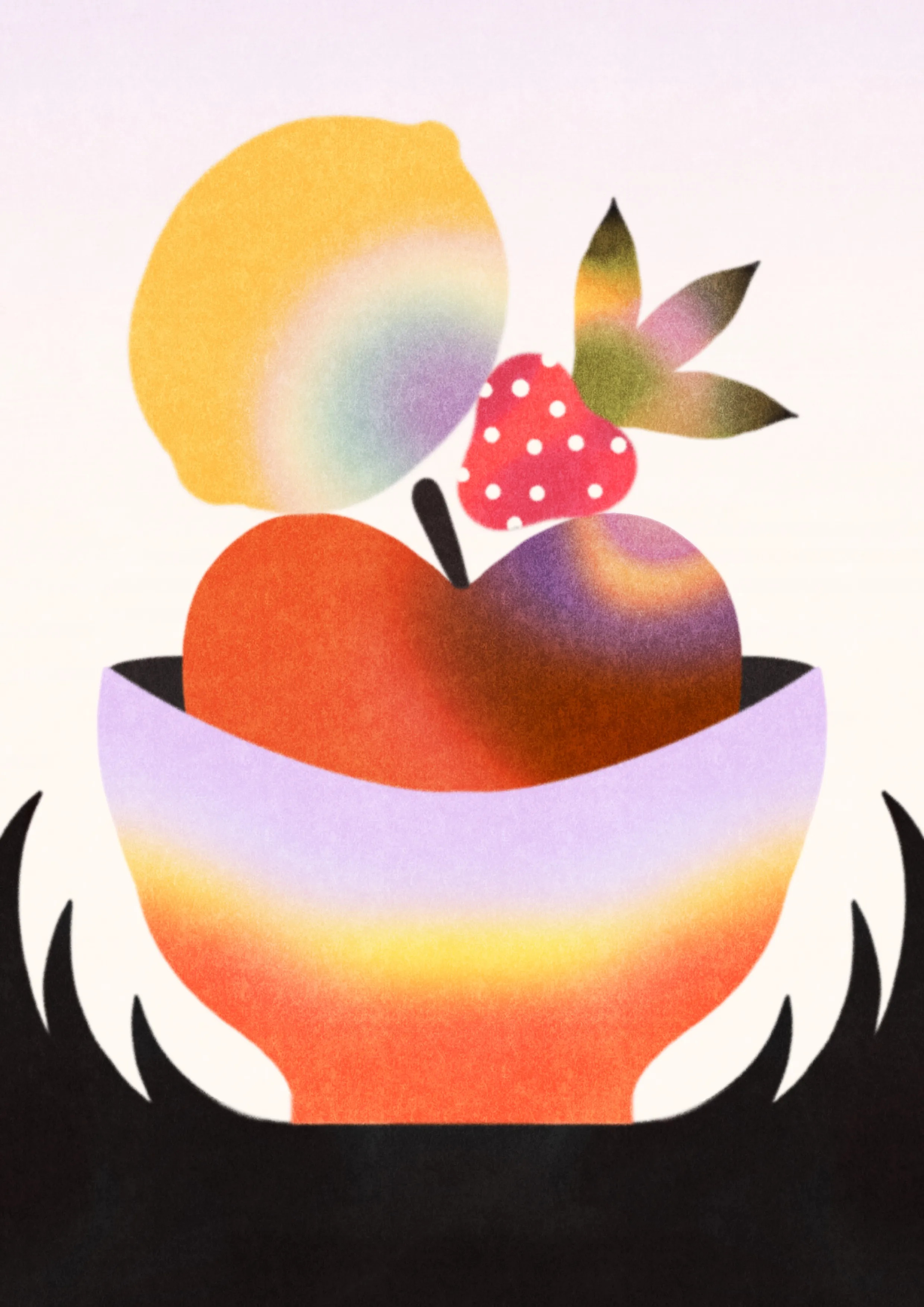 A large bowl contains colorful fruits, including a strawberry, a lemon, and an apple. The shapes are round and soft, arranged in a balanced composition.