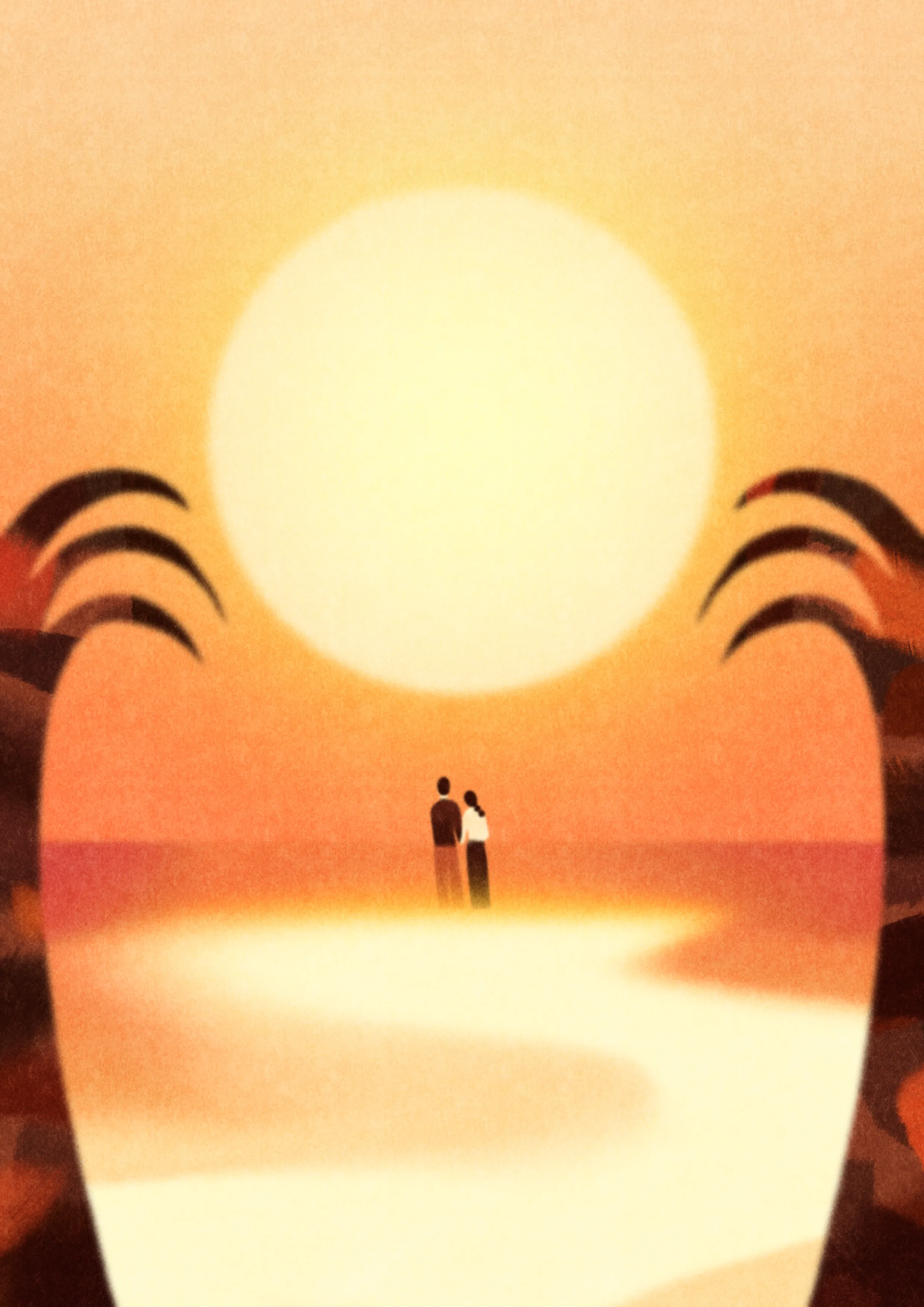 A solitary couple stands before a huge, low sun. The landscape is minimal, dominated by warm colors.