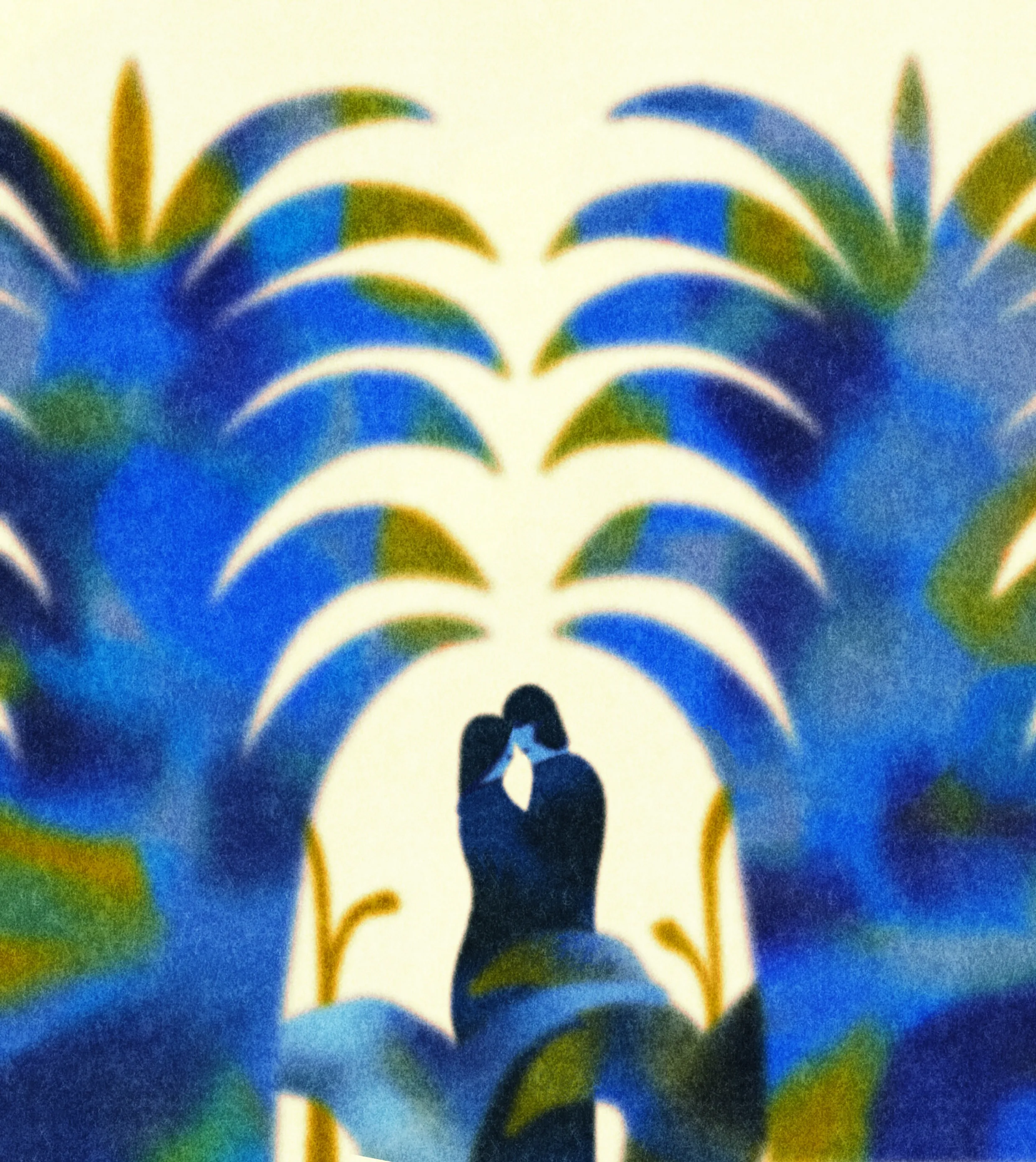 Two dark figures stand close beneath tall stylized palm trees. The scene is symmetrical and conveys calm and intimacy.