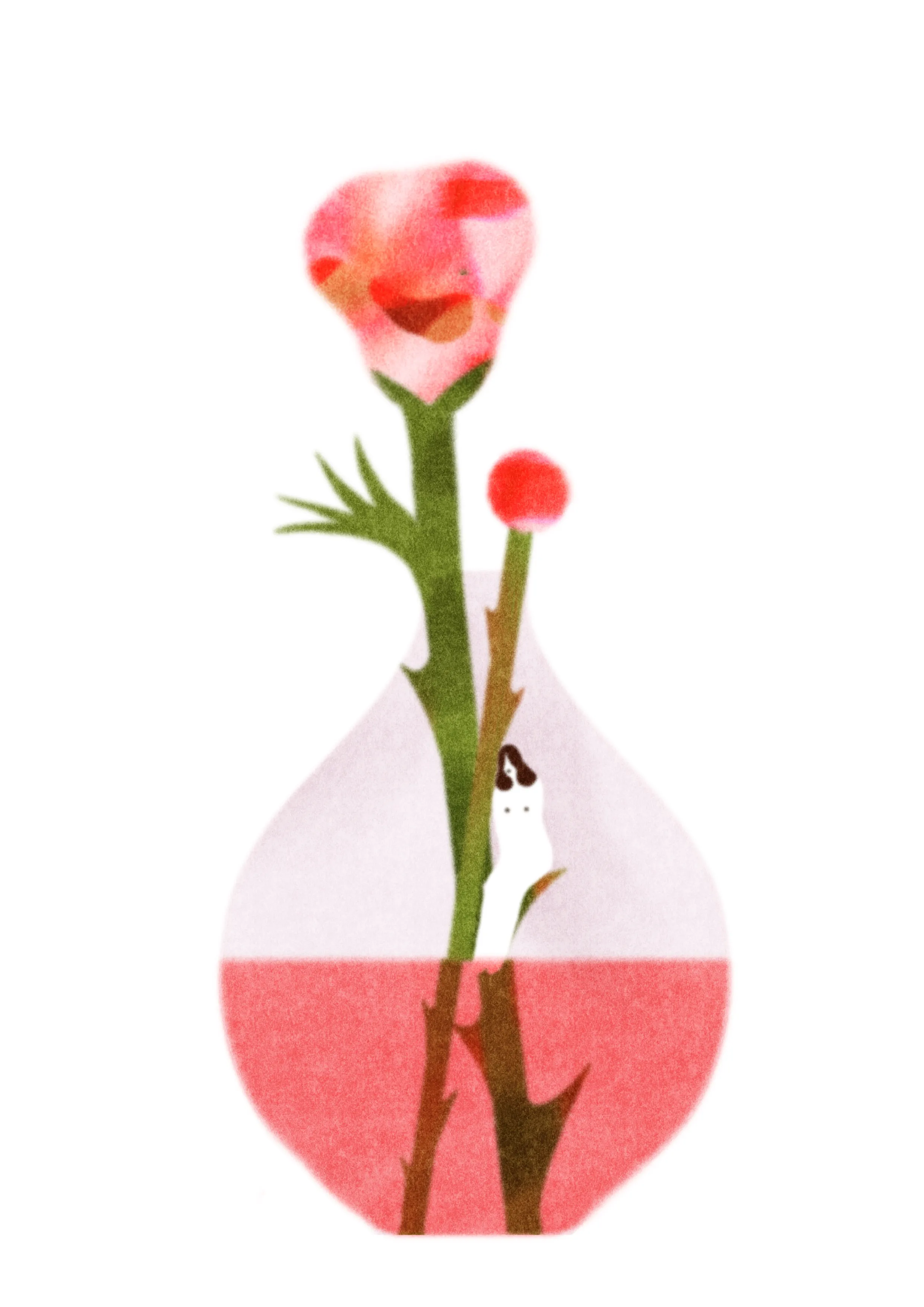 A transparent vase contains pinkish water and a single flower growing upward. Next to the stem, a very small woman appears.