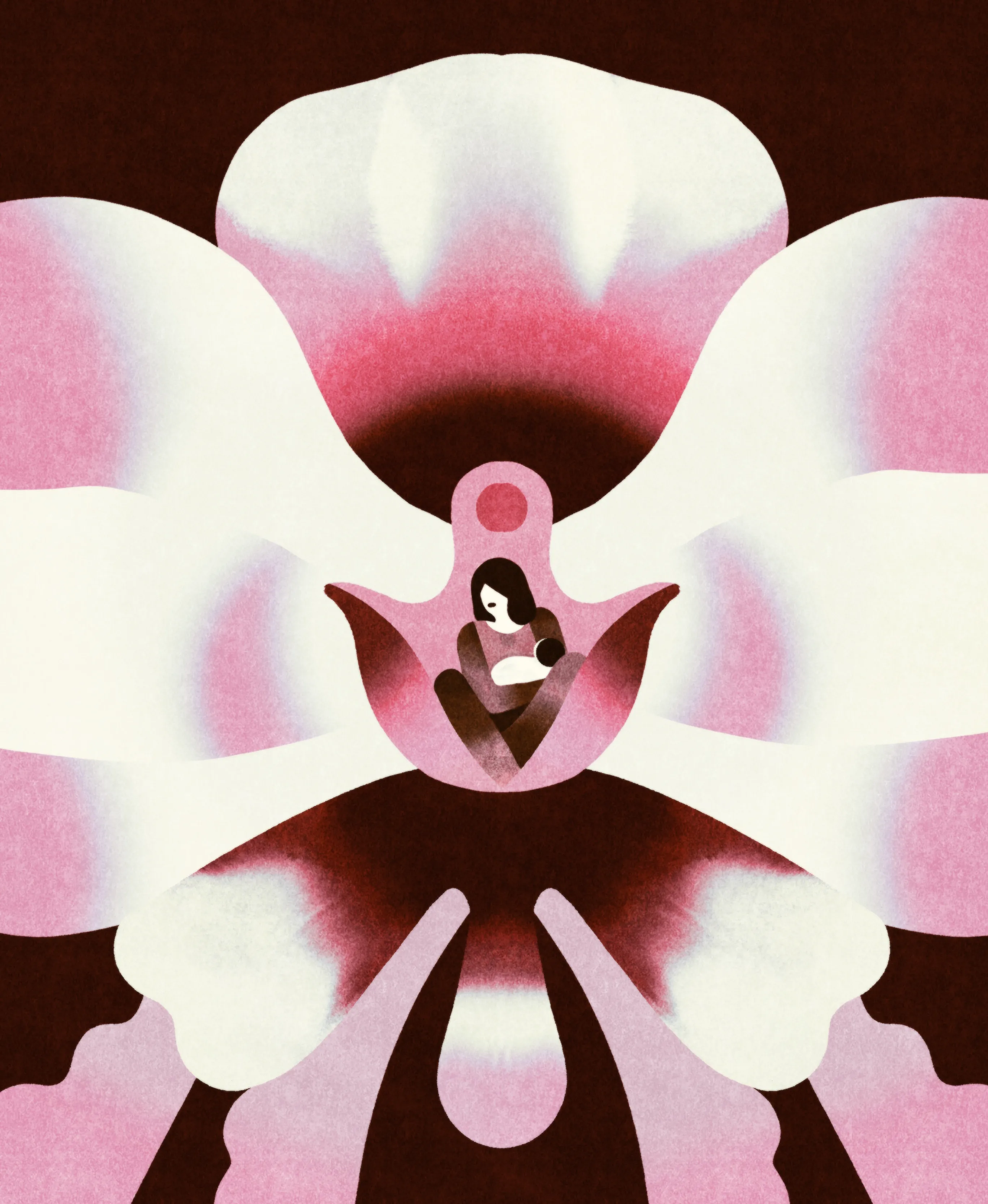 A large open flower with white and pink petals fills the entire image symmetrically. At its center sits a female figure, curled inward with her arms wrapped around her body. The woman appears protected and embraced by the flower’s form, like a natural shelter. The atmosphere is silent and intimate, with soft colors suggesting calm and introspection.