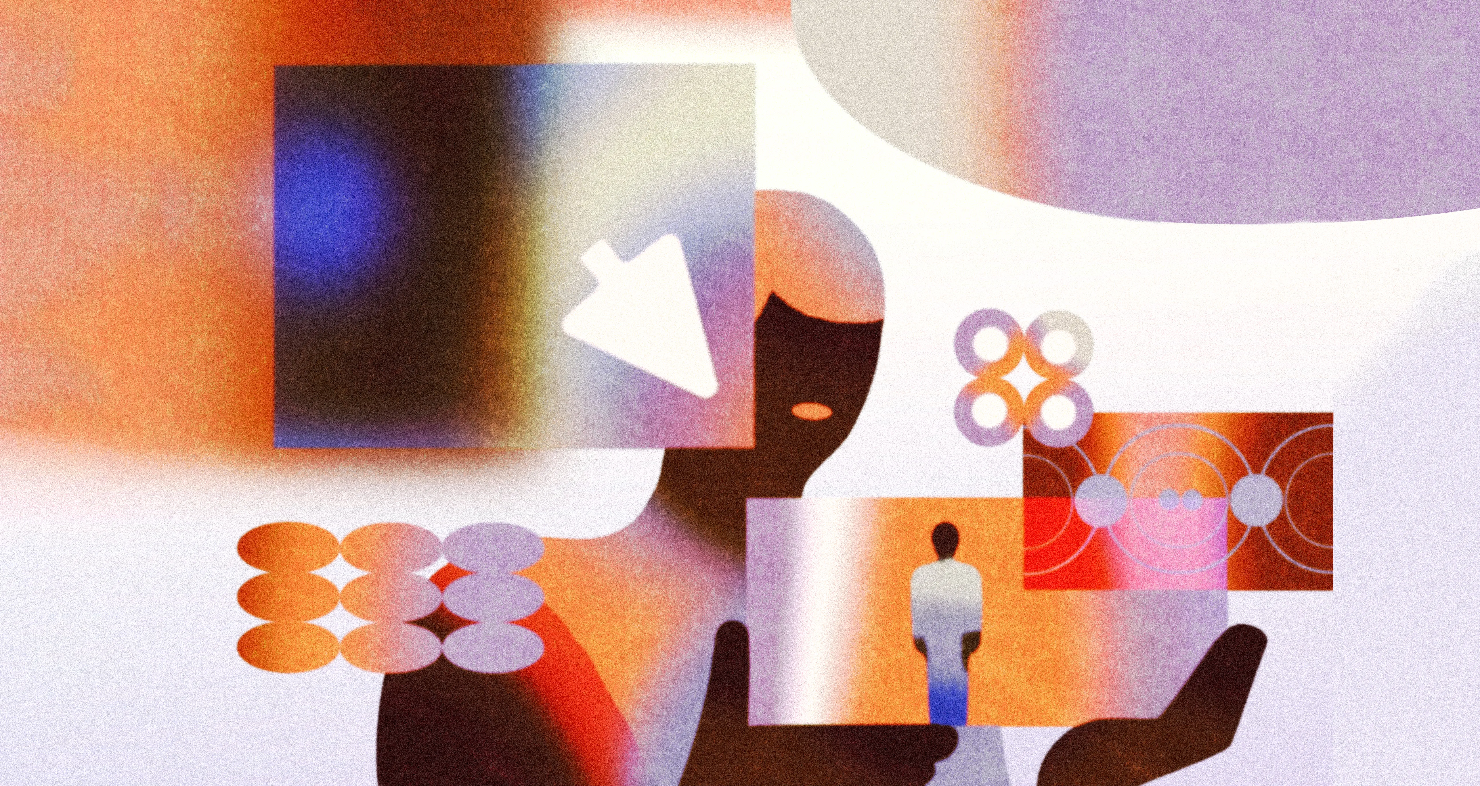 A large human figure looks at a miniature version of itself within an imaginary digital environment.
