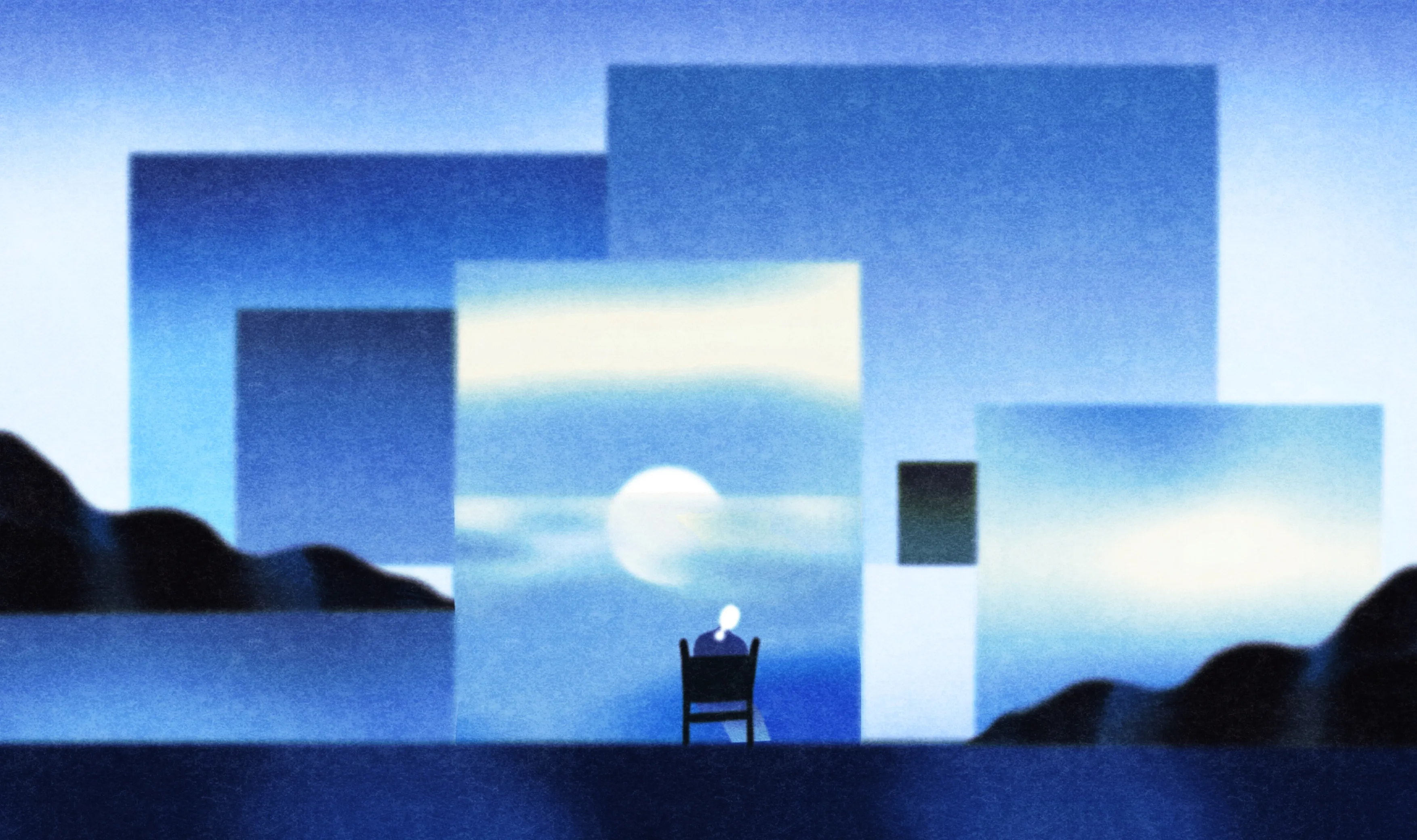 Blue and white geometric structures create an abstract architectural space. A tiny figure stands at the center.
