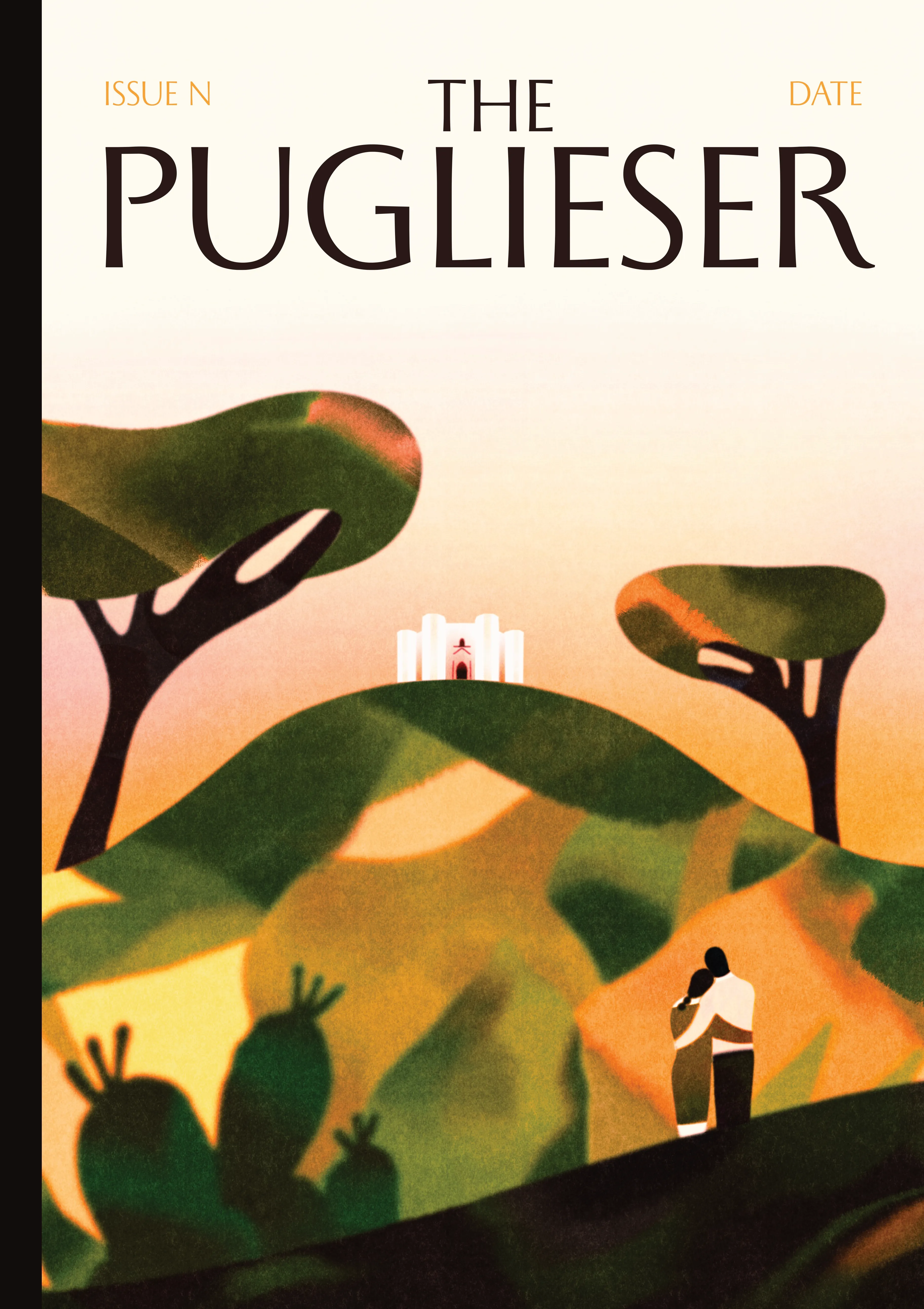A stylized hilly landscape with trees. A loving couple observes the scenery. At the top appears the title “The Puglieser.”