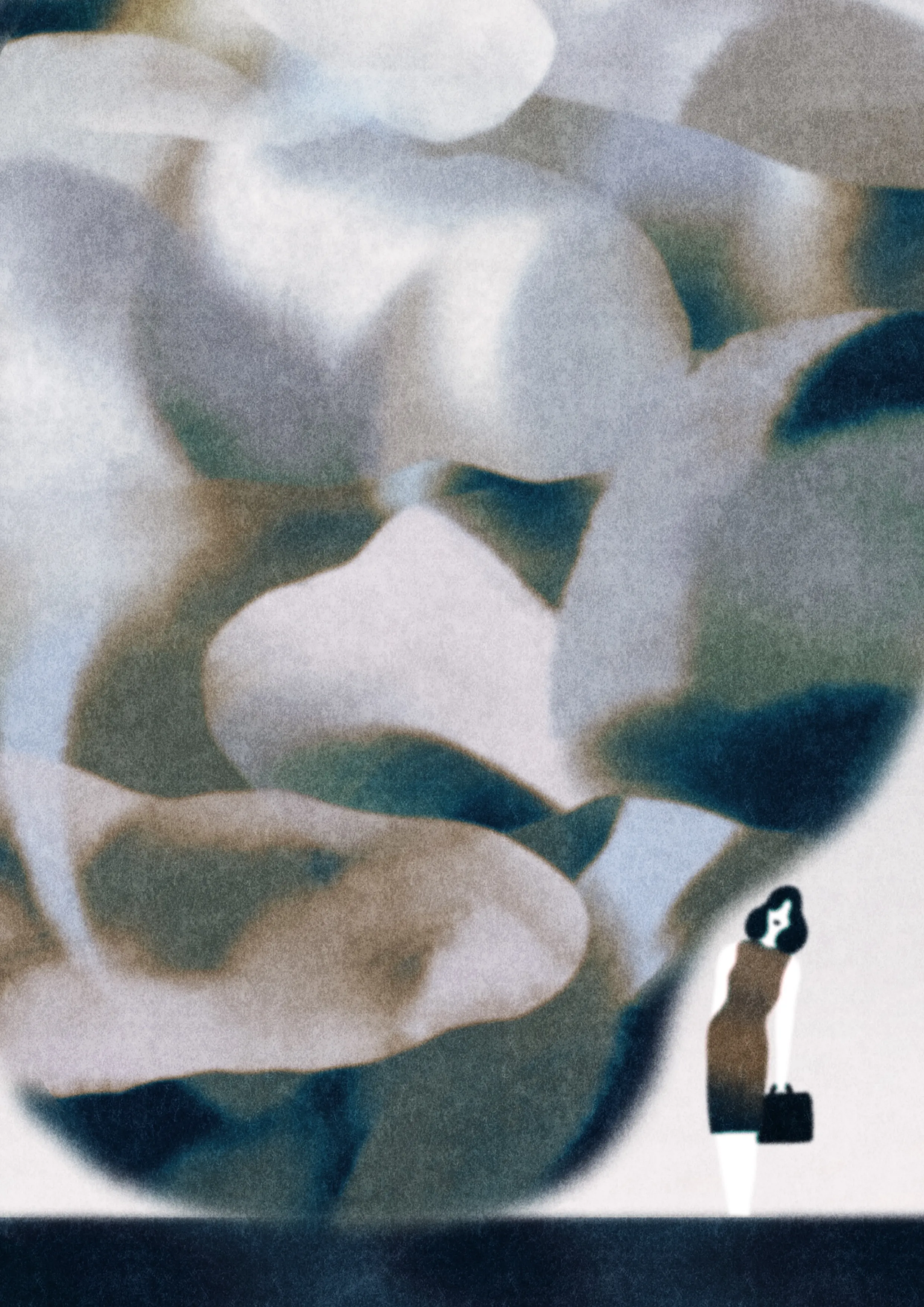 A large gray cloud almost crushes a working woman.