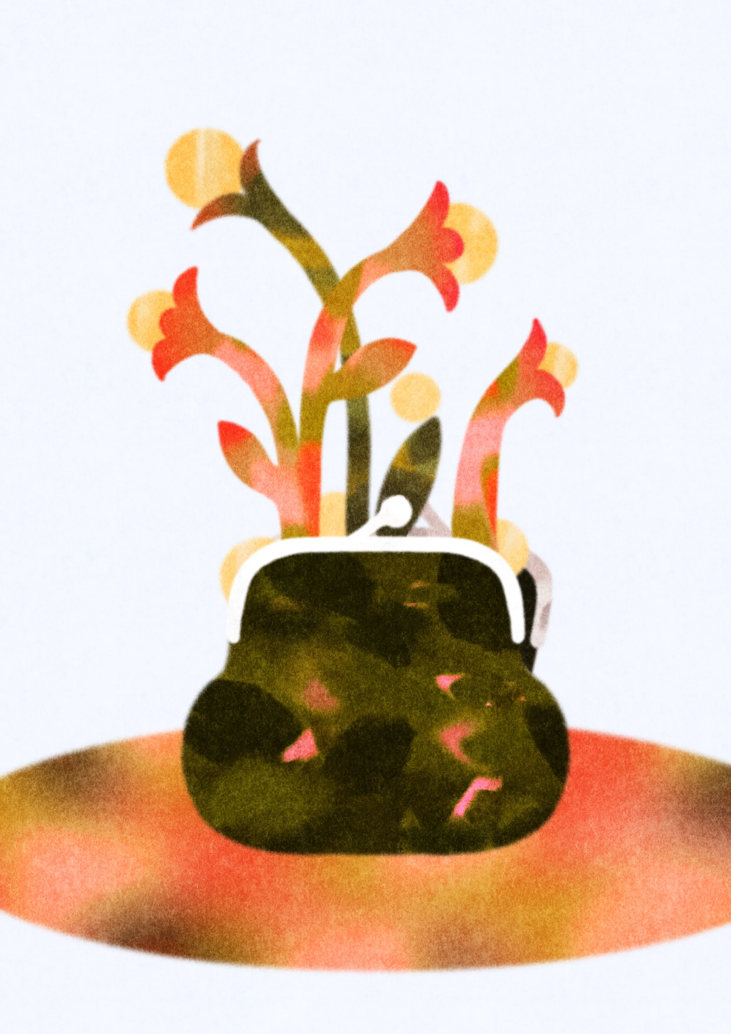 A dark coin purse rests on a light surface. Stylized warm-colored flowers grow vertically from it, with small coins inside.