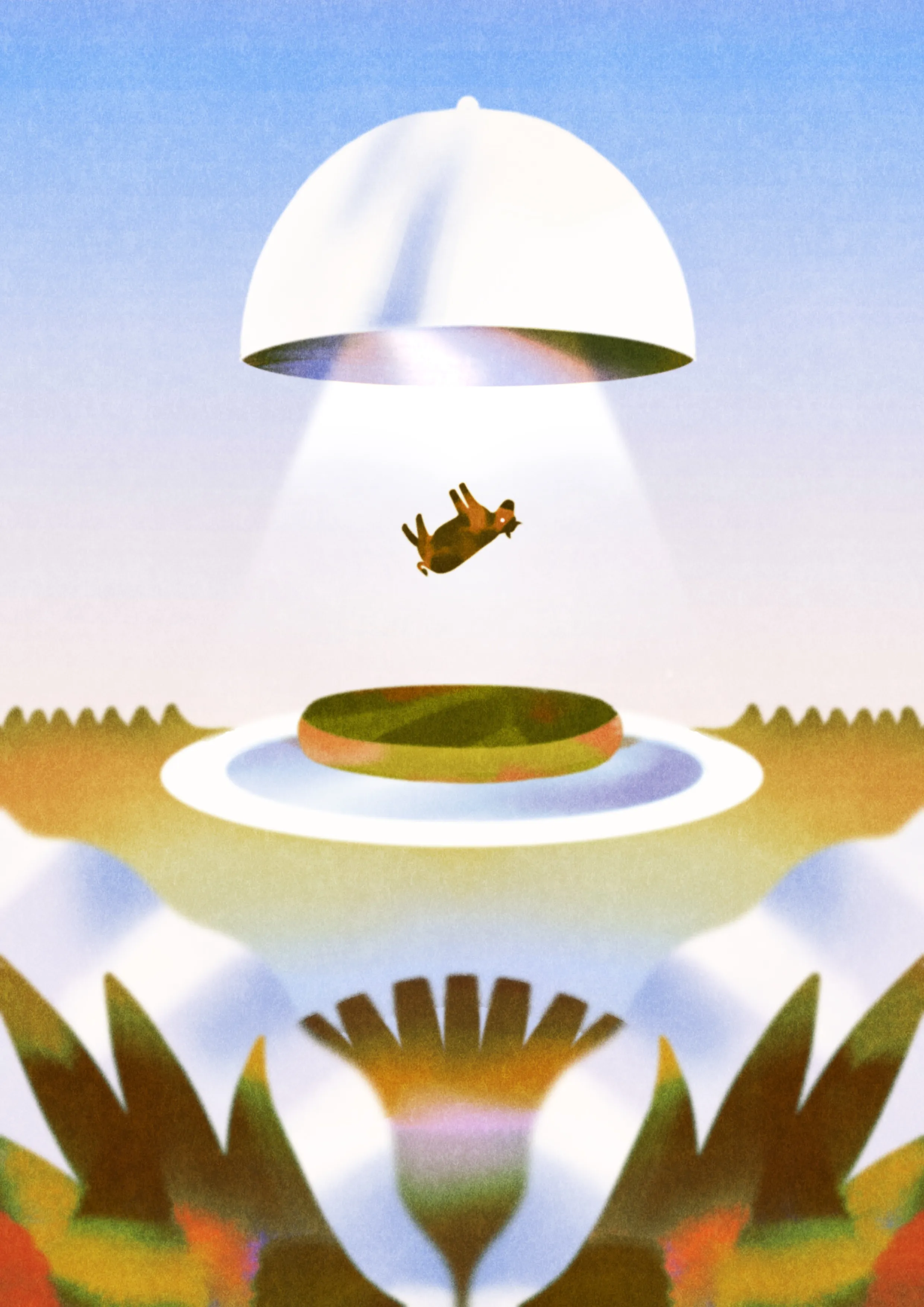 A plate is at the center of the image with a plant-based hamburger. Above it, a floating cow is lifted by a glass cloche resembling a UFO spacecraft, surrounded by symmetrical forms reminiscent of an ordered garden.